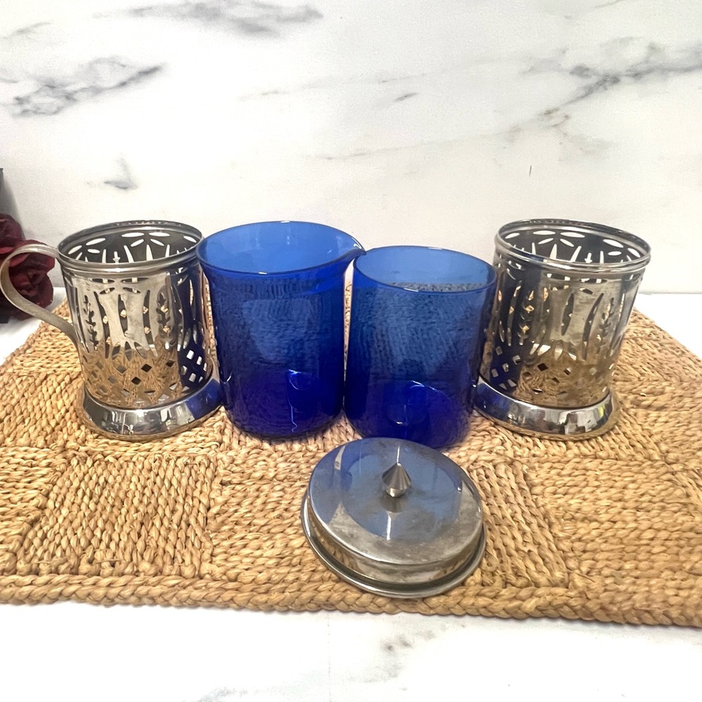 Vintage silver plate and cobalt blue cream and sugar glass decor